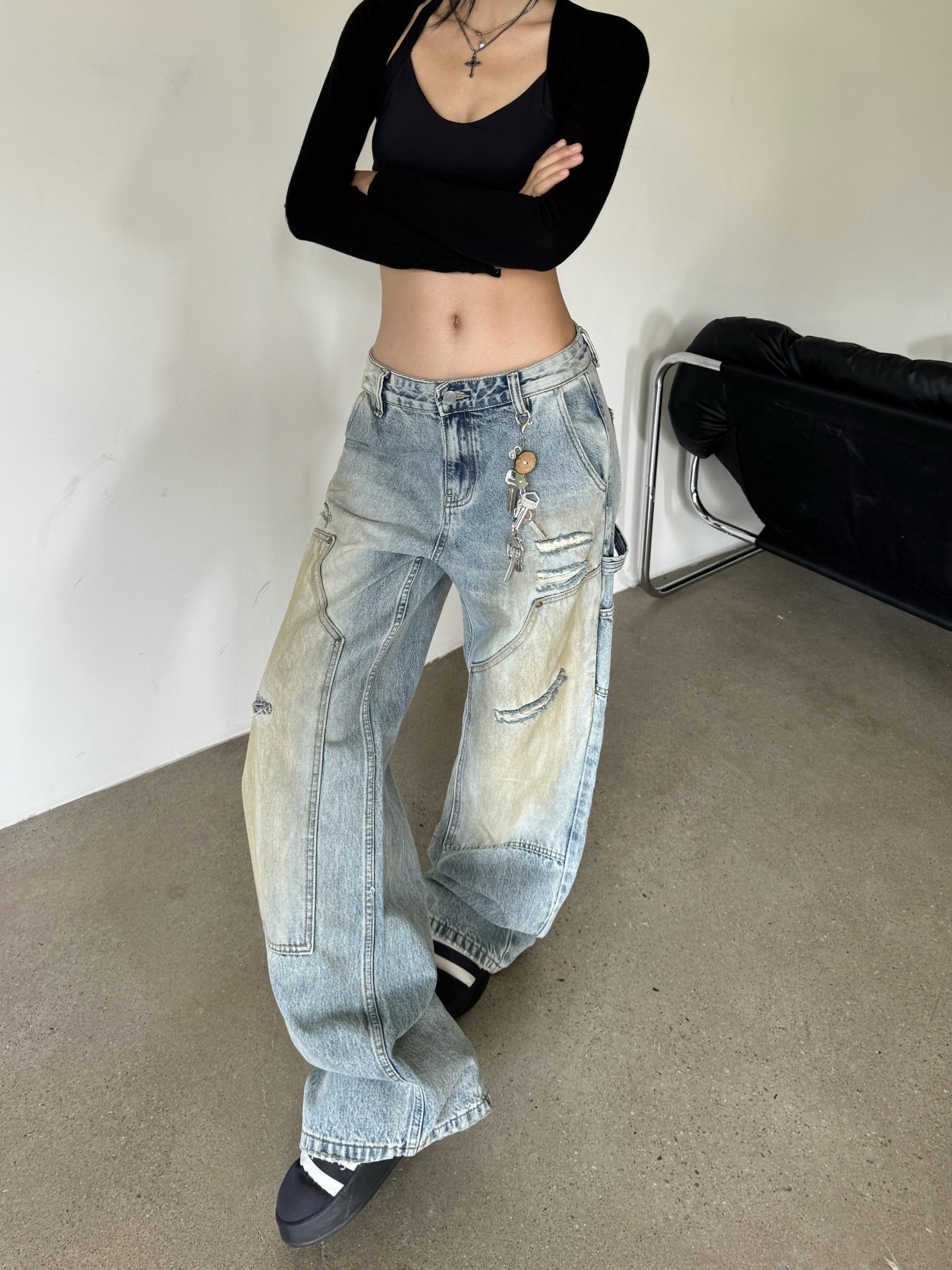 Loose Wide Leg Deconstructed Patchwork Denim Pants in Yellow Mud - Vintage Style 90s Inspired Spicy Girl Design Loose Wide Leg Deconstructed Patchwork Denim Pants in Yellow Mud - Vintage Style 90s Inspired Spicy Girl Design