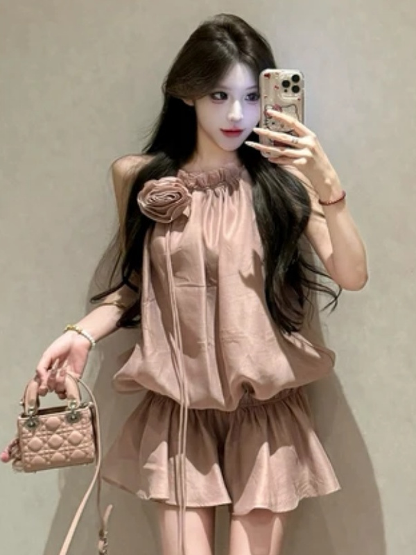 Lotus Root Pink Sleeveless Halter Dress with Waist Tie - Summer Floral Waist-Cinching Slimming Short Skirt for Unique Style