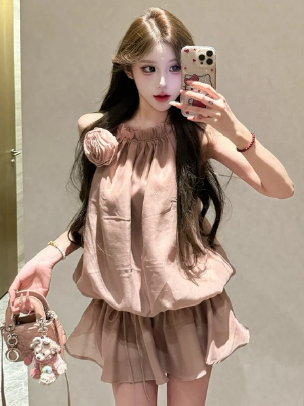 Lotus Root Pink Sleeveless Halter Dress with Waist Tie - Summer Floral Waist-Cinching Slimming Short Skirt for Unique Style