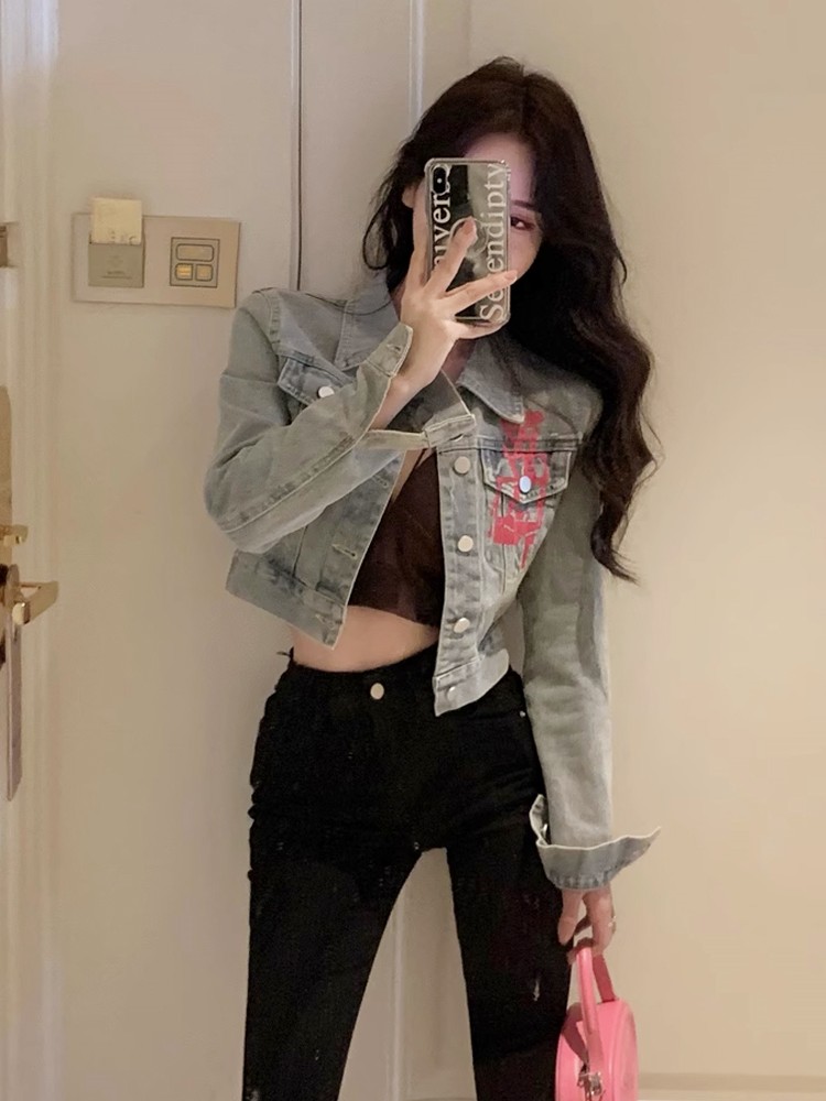 Love Heart Graffiti Denim Jacket for Women - Short Spring Style, Perfect for Petite Sweet and Spicy Girls, Y2K Fashion