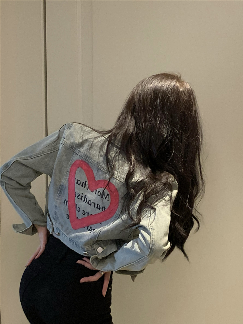 Love Heart Graffiti Denim Jacket for Women - Short Spring Style, Perfect for Petite Sweet and Spicy Girls, Y2K Fashion