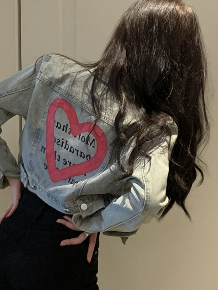 Love Heart Graffiti Denim Jacket for Women - Short Spring Style, Perfect for Petite Sweet and Spicy Girls, Y2K Fashion Love Heart Graffiti Denim Jacket for Women - Short Spring Style, Perfect for Petite Sweet and Spicy Girls, Y2K Fashion