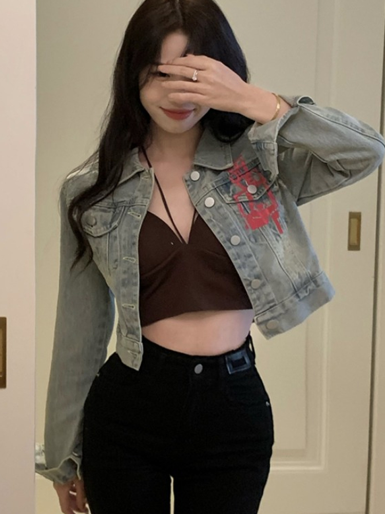 Love Heart Graffiti Denim Jacket for Women - Short Spring Style, Perfect for Petite Sweet and Spicy Girls, Y2K Fashion Love Heart Graffiti Denim Jacket for Women - Short Spring Style, Perfect for Petite Sweet and Spicy Girls, Y2K Fashion