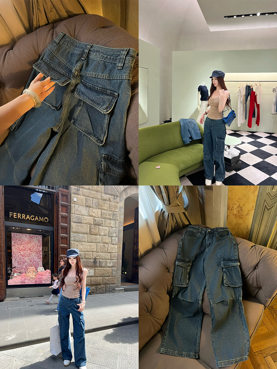 Maximalism Wide-Leg Denim Pants for Women - Pure Cotton Retro Summer Workwear with Multi-Pockets - Stylish 90s Inspired Fashion Maximalism Wide-Leg Denim Pants for Women - Pure Cotton Retro Summer Workwear with Multi-Pockets - Stylish 90s Inspired Fashion