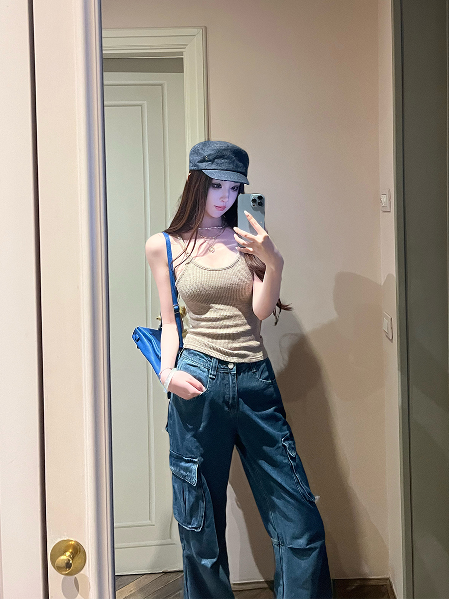 Maximalism Wide-Leg Denim Pants for Women - Pure Cotton Retro Summer Workwear with Multi-Pockets - Stylish 90s Inspired Fashion