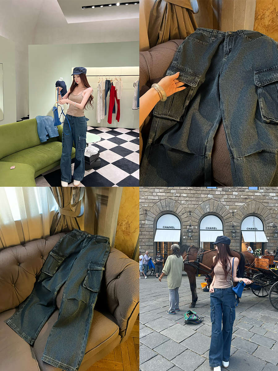 Maximalism Wide-Leg Denim Pants for Women - Pure Cotton Retro Summer Workwear with Multi-Pockets - Stylish 90s Inspired Fashion Maximalism Wide-Leg Denim Pants for Women - Pure Cotton Retro Summer Workwear with Multi-Pockets - Stylish 90s Inspired Fashion