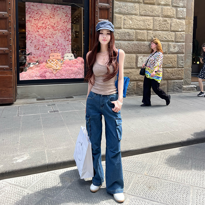 Maximalism Wide-Leg Denim Pants for Women - Pure Cotton Retro Summer Workwear with Multi-Pockets - Stylish 90s Inspired Fashion