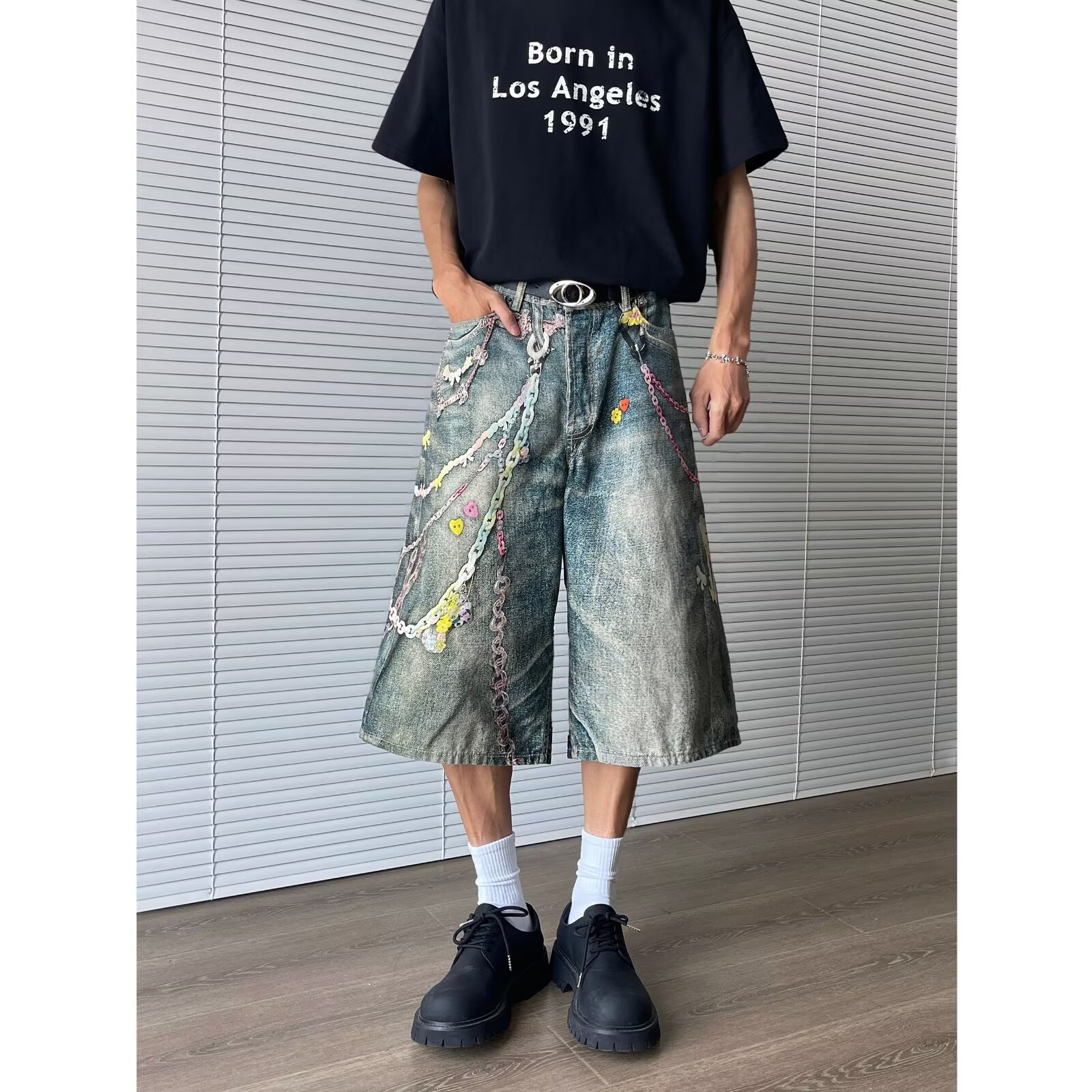 Men's 3D Digital Printed Denim Shorts - Retro Summer Vibe Streetwear, Loose Fit Cropped Pants for Casual Style Men's 3D Digital Printed Denim Shorts - Retro Summer Vibe Streetwear, Loose Fit Cropped Pants for Casual Style