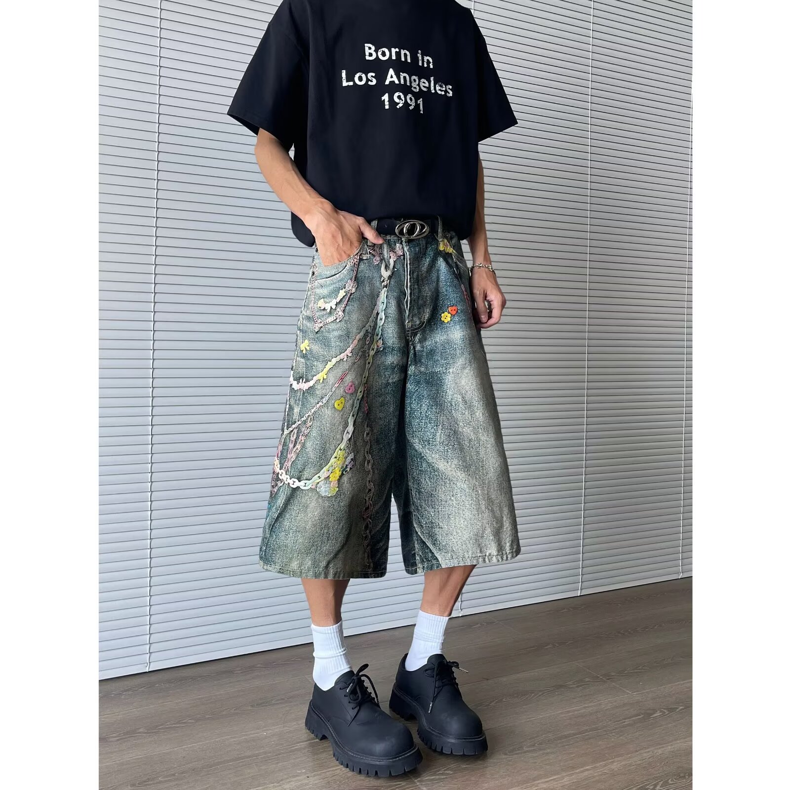 Men's 3D Digital Printed Denim Shorts - Retro Summer Vibe Streetwear, Loose Fit Cropped Pants for Casual Style Men's 3D Digital Printed Denim Shorts - Retro Summer Vibe Streetwear, Loose Fit Cropped Pants for Casual Style