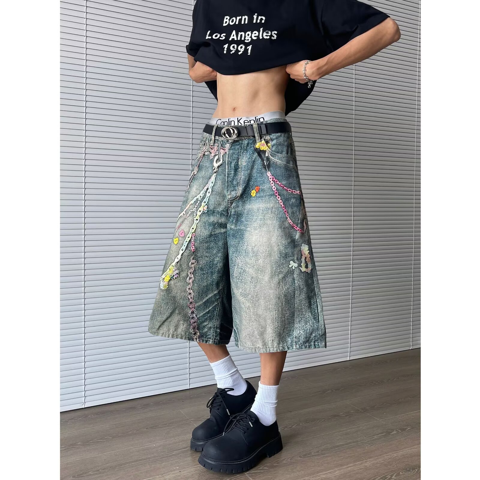 Men's 3D Digital Printed Denim Shorts - Retro Summer Vibe Streetwear, Loose Fit Cropped Pants for Casual Style Men's 3D Digital Printed Denim Shorts - Retro Summer Vibe Streetwear, Loose Fit Cropped Pants for Casual Style