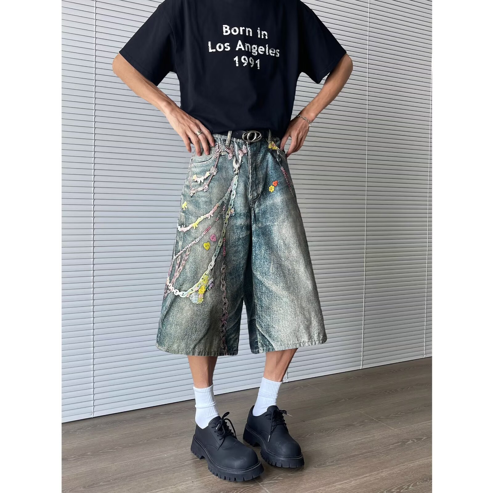 Men's 3D Digital Printed Denim Shorts - Retro Summer Vibe Streetwear, Loose Fit Cropped Pants for Casual Style Men's 3D Digital Printed Denim Shorts - Retro Summer Vibe Streetwear, Loose Fit Cropped Pants for Casual Style