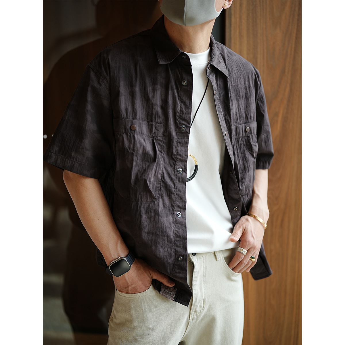 Men's American High Street Minimalist Short Sleeve Shirt with Large Pockets - Trendy Functional Summer Collar Top