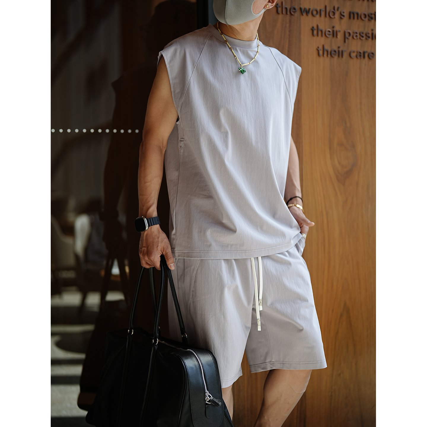 Men's American High Street Split Design Sleeveless T-Shirt and Shorts Set - Trendy Summer Casual Two-Piece Outfit