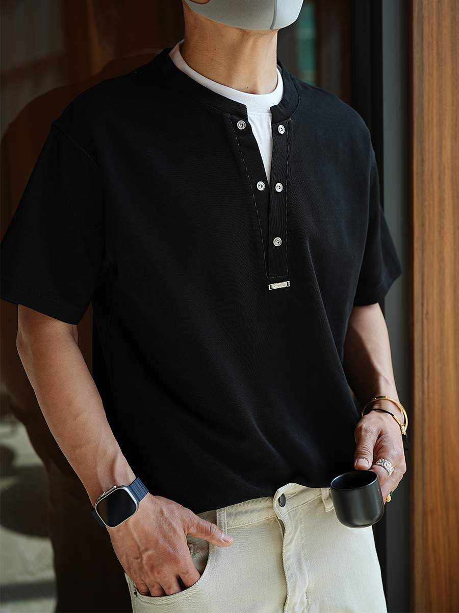 Men's American Retro Button-Up Henley Fake Two-Piece Short Sleeve T-Shirt - Trendy Summer Loose Fit Casual Top Men's American Retro Button-Up Henley Fake Two-Piece Short Sleeve T-Shirt - Trendy Summer Loose Fit Casual Top