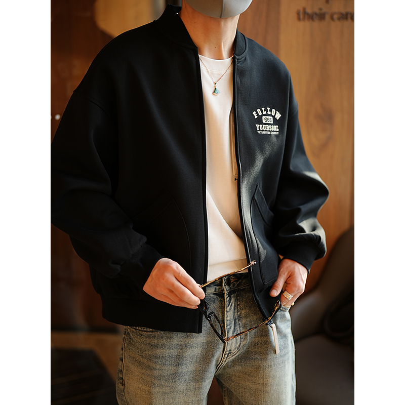 Men's American Style Heavyweight Letter Embroidery Baseball Jacket - Trendy Spring Autumn Zip-Up Sweatshirt with Stand-Up Collar