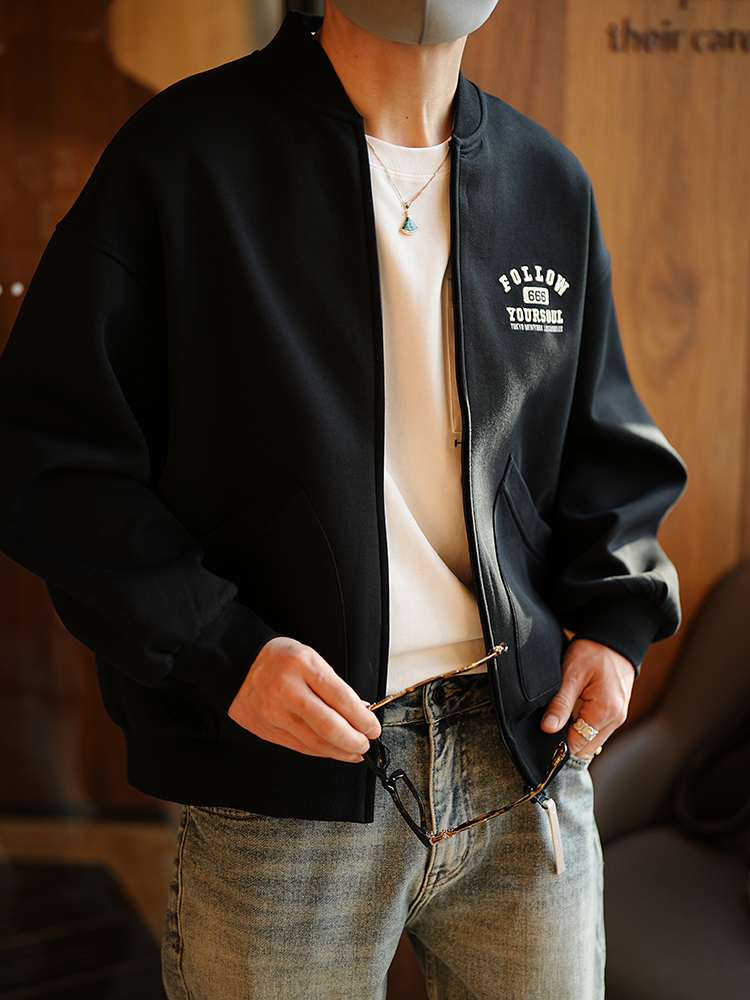 Men's American Style Heavyweight Letter Embroidery Baseball Jacket - Trendy Spring Autumn Zip-Up Sweatshirt with Stand-Up Collar