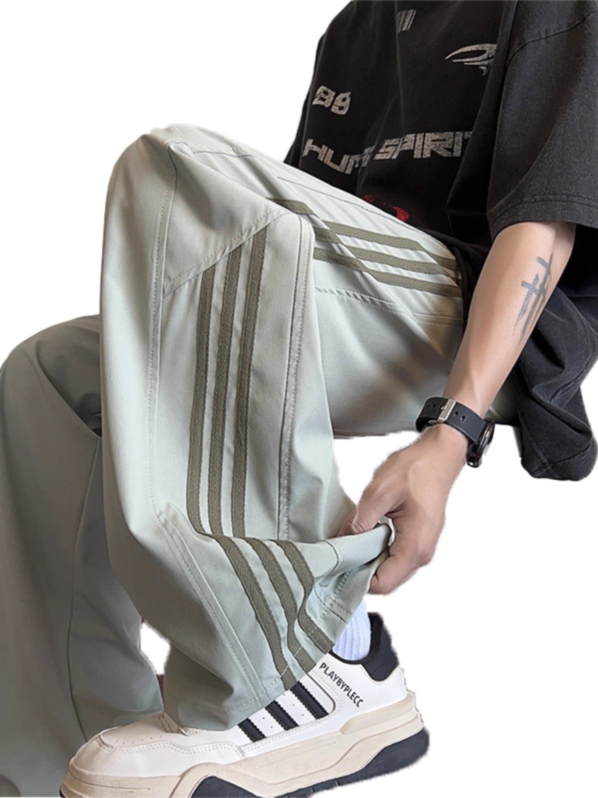 Men's American-Style Striped Wide-Leg Work Pants for Spring & Summer, Trendy High Street Casual Dance Wear, Sporty Straight-Leg Design Men's American-Style Striped Wide-Leg Work Pants for Spring & Summer, Trendy High Street Casual Dance Wear, Sporty Straight-Leg Design