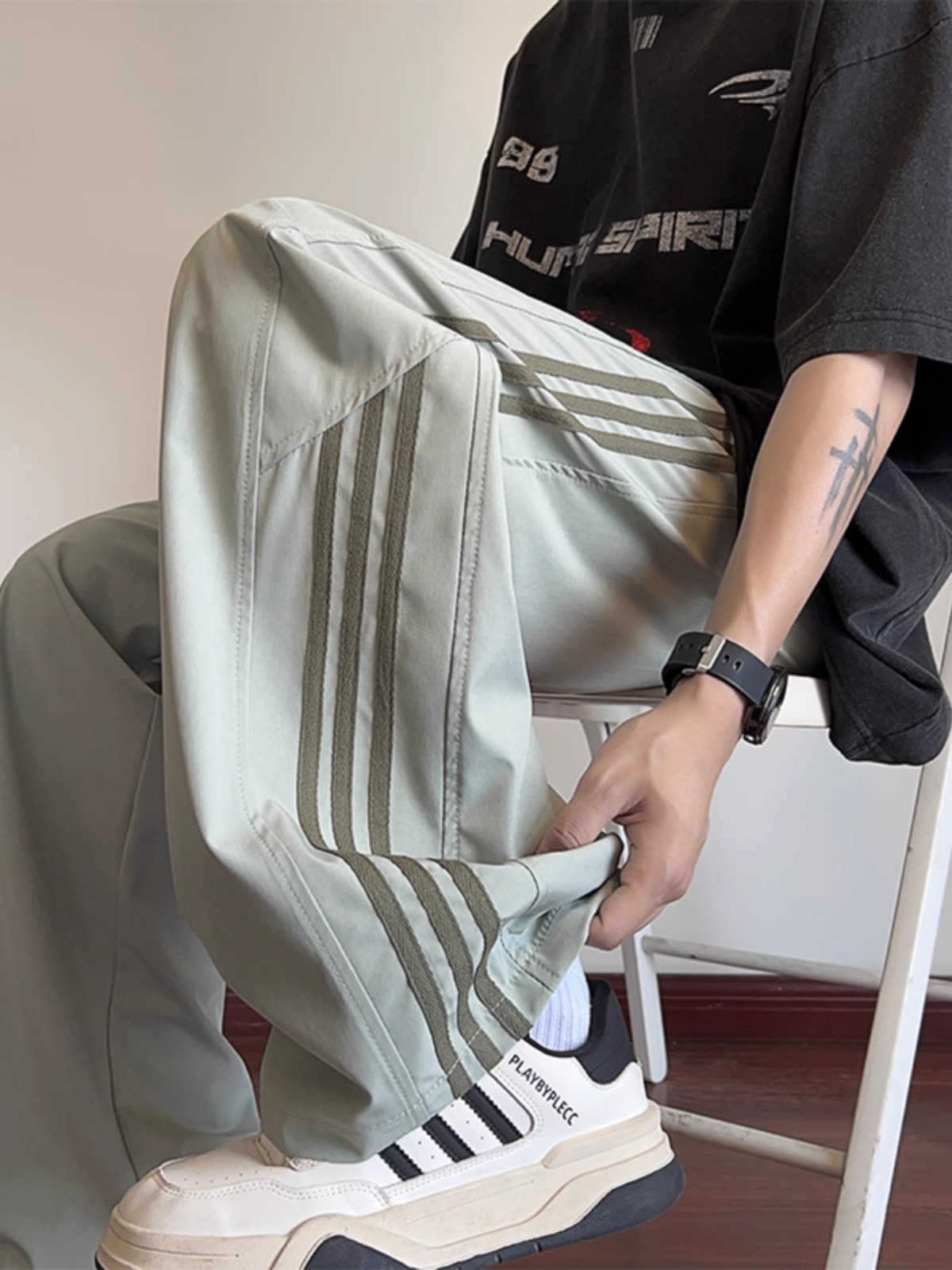 Men's American-Style Striped Wide-Leg Work Pants for Spring & Summer, Trendy High Street Casual Dance Wear, Sporty Straight-Leg Design