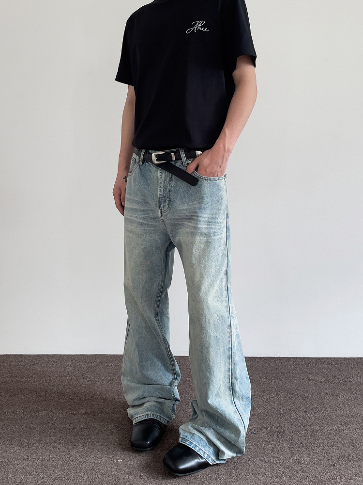 Men's American Vintage Distressed Cat Whisker Blue Jeans - Trendy Straight Leg Micro-Flare Versatile Pants for Casual Style Men's American Vintage Distressed Cat Whisker Blue Jeans - Trendy Straight Leg Micro-Flare Versatile Pants for Casual Style