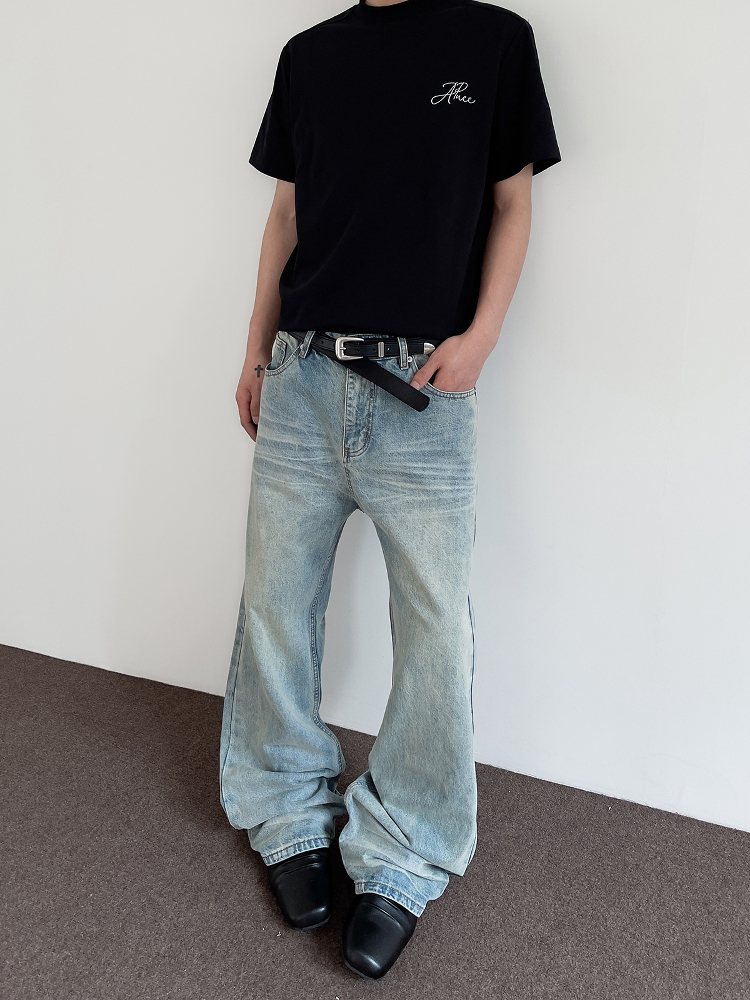 Men's American Vintage Distressed Cat Whisker Blue Jeans - Trendy Straight Leg Micro-Flare Versatile Pants for Casual Style Men's American Vintage Distressed Cat Whisker Blue Jeans - Trendy Straight Leg Micro-Flare Versatile Pants for Casual Style