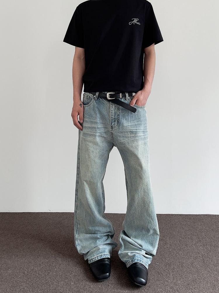 Men's American Vintage Distressed Cat Whisker Blue Jeans - Trendy Straight Leg Micro-Flare Versatile Pants for Casual Style Men's American Vintage Distressed Cat Whisker Blue Jeans - Trendy Straight Leg Micro-Flare Versatile Pants for Casual Style