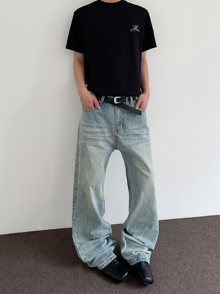 Men's American Vintage Distressed Cat Whisker Blue Jeans - Trendy Straight Leg Micro-Flare Versatile Pants for Casual Style