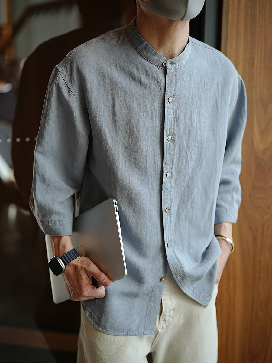 Men's Chinese-Style Minimalist Linen Shirt, Stand-Collar, Seven-Point Sleeve, Solid Color, Summer Trendy Top