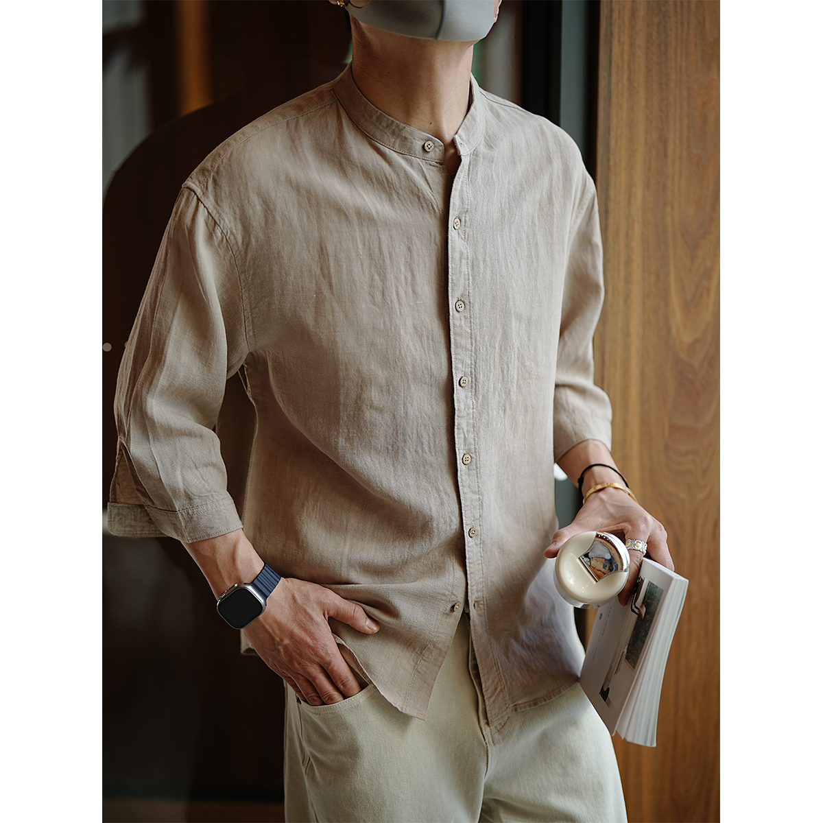 Men's Chinese-Style Minimalist Linen Shirt, Stand-Collar, Seven-Point Sleeve, Solid Color, Summer Trendy Top Men's Chinese-Style Minimalist Linen Shirt, Stand-Collar, Seven-Point Sleeve, Solid Color, Summer Trendy Top