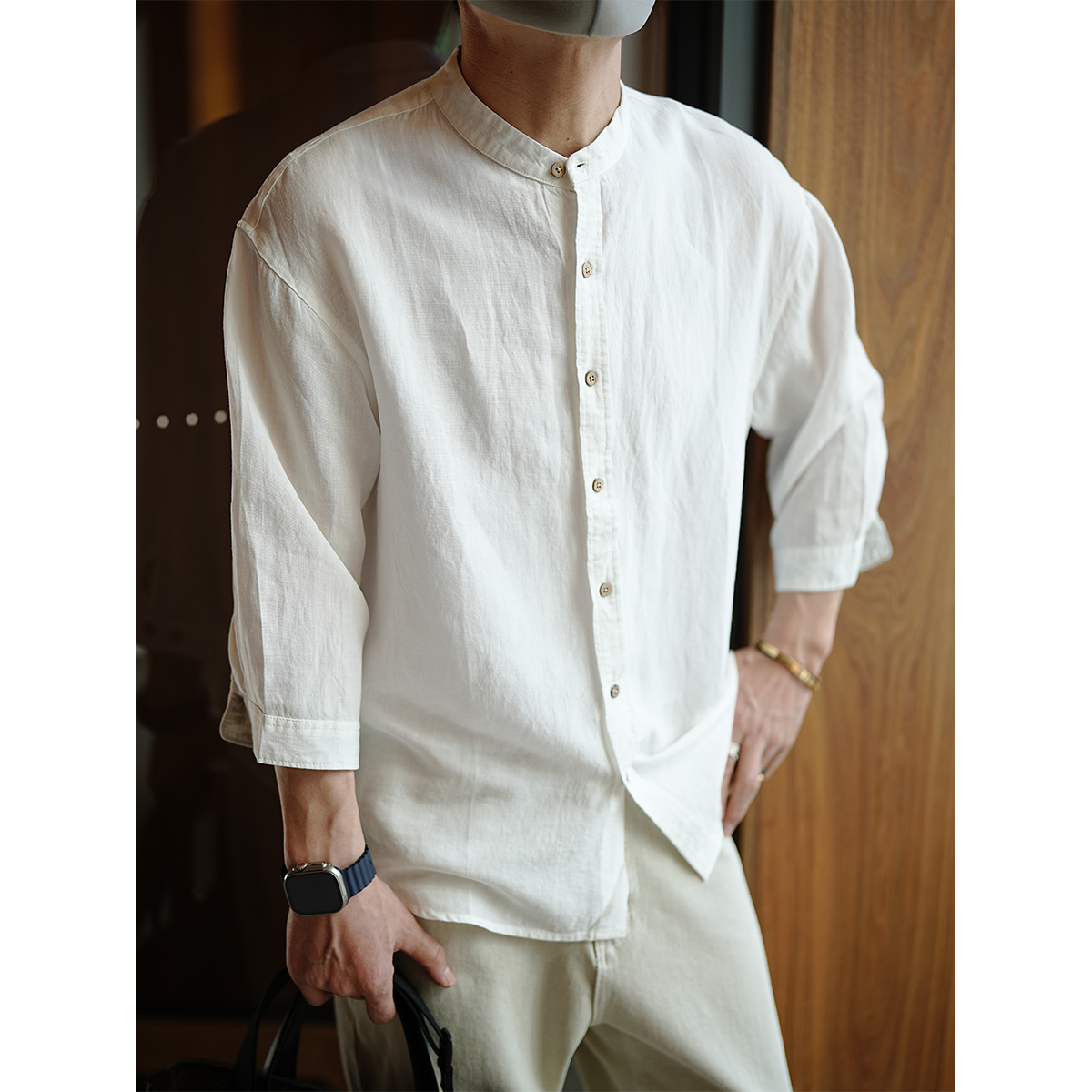 Men's Chinese-Style Minimalist Linen Shirt, Stand-Collar, Seven-Point Sleeve, Solid Color, Summer Trendy Top Men's Chinese-Style Minimalist Linen Shirt, Stand-Collar, Seven-Point Sleeve, Solid Color, Summer Trendy Top