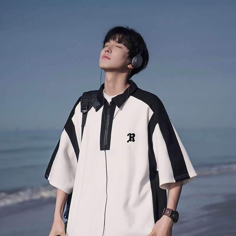 Men's Color-Blocking Polo Shirt - Casual Short Sleeve Half-Zip T-Shirt with Loose Fit for Summer, American Style Fashion. Men's Color-Blocking Polo Shirt - Casual Short Sleeve Half-Zip T-Shirt with Loose Fit for Summer, American Style Fashion.