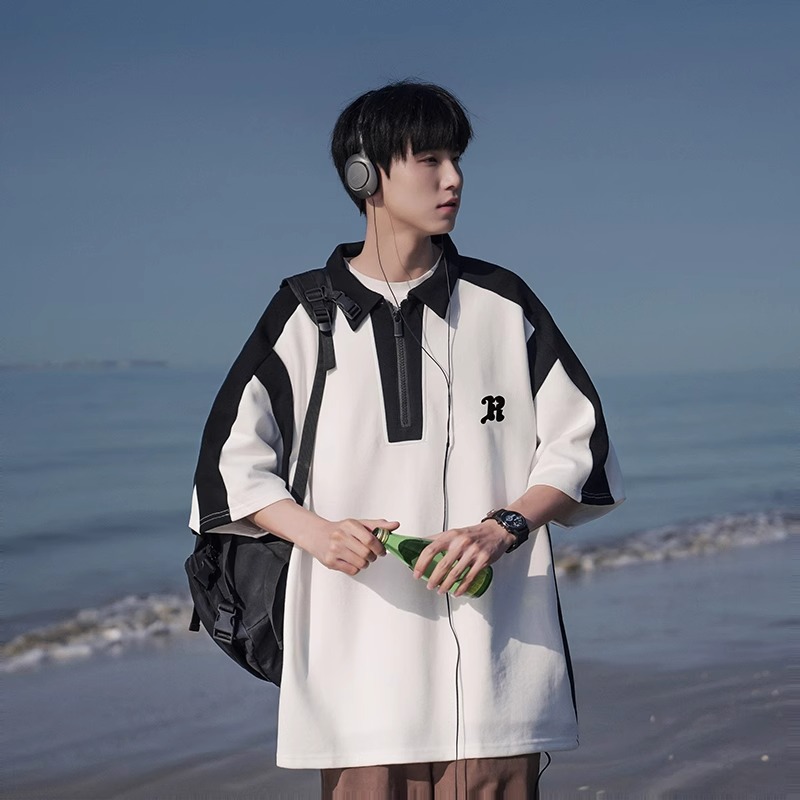 Men's Color-Blocking Polo Shirt - Casual Short Sleeve Half-Zip T-Shirt with Loose Fit for Summer, American Style Fashion. Men's Color-Blocking Polo Shirt - Casual Short Sleeve Half-Zip T-Shirt with Loose Fit for Summer, American Style Fashion.