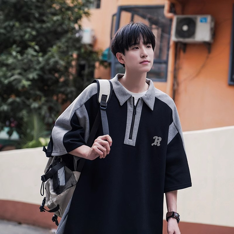 Men's Color-Blocking Polo Shirt - Casual Short Sleeve Half-Zip T-Shirt with Loose Fit for Summer, American Style Fashion. Men's Color-Blocking Polo Shirt - Casual Short Sleeve Half-Zip T-Shirt with Loose Fit for Summer, American Style Fashion.