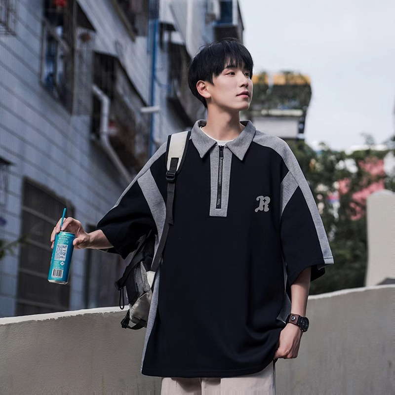 Men's Color-Blocking Polo Shirt - Casual Short Sleeve Half-Zip T-Shirt with Loose Fit for Summer, American Style Fashion. Men's Color-Blocking Polo Shirt - Casual Short Sleeve Half-Zip T-Shirt with Loose Fit for Summer, American Style Fashion.