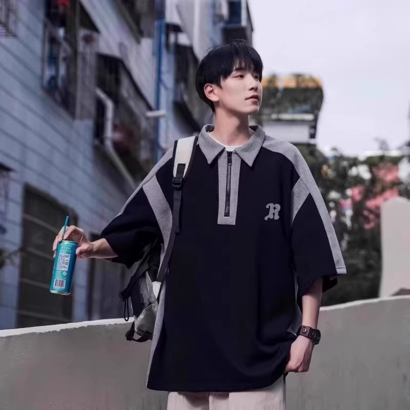 Men's Color-Blocking Polo Shirt - Casual Short Sleeve Half-Zip T-Shirt with Loose Fit for Summer, American Style Fashion. Men's Color-Blocking Polo Shirt - Casual Short Sleeve Half-Zip T-Shirt with Loose Fit for Summer, American Style Fashion.