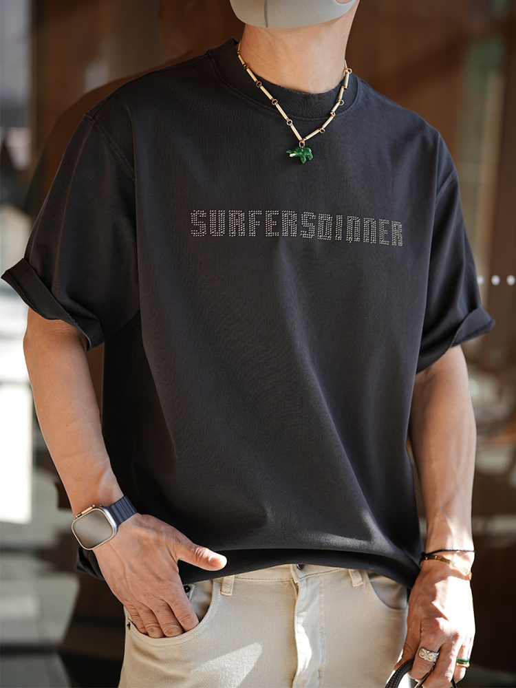 Men's Distressed Color-Washed Round Neck Short Sleeve T-Shirt - American Style Heavy Industry Personalized Letter Design, Summer Trend Men's Distressed Color-Washed Round Neck Short Sleeve T-Shirt - American Style Heavy Industry Personalized Letter Design, Summer Trend