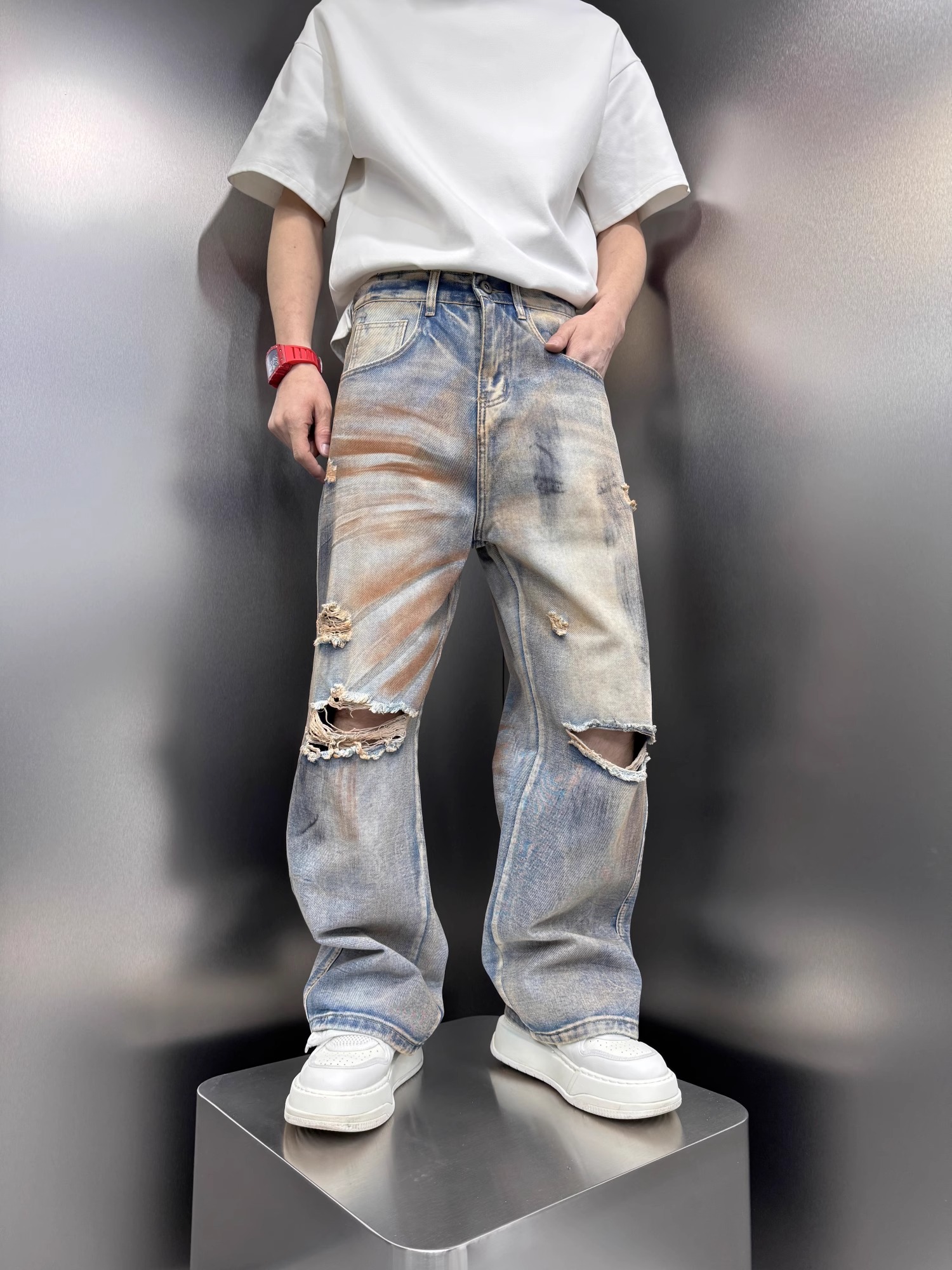 Men's Distressed Vintage Tie-Dye Baggy Denim Pants, Stylish High Street Summer Straight Leg Trousers, 2025 Trendy Fashion