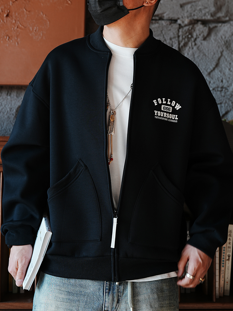Men's Heavyweight American Baseball Jacket with Embroidered Letters, Trendy Zipper, Loose Shoulders, Long Sleeves, and Hoodie Style