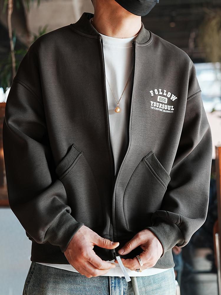 Men's Heavyweight American Baseball Jacket with Embroidered Letters, Trendy Zipper, Loose Shoulders, Long Sleeves, and Hoodie Style Men's Heavyweight American Baseball Jacket with Embroidered Letters, Trendy Zipper, Loose Shoulders, Long Sleeves, and Hoodie Style