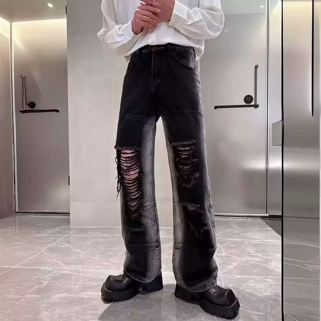 Men's High Street Ripped Jeans - Summer Trendy Loose Straight Pants, Versatile Wide-Leg Trousers for Casual Street Style