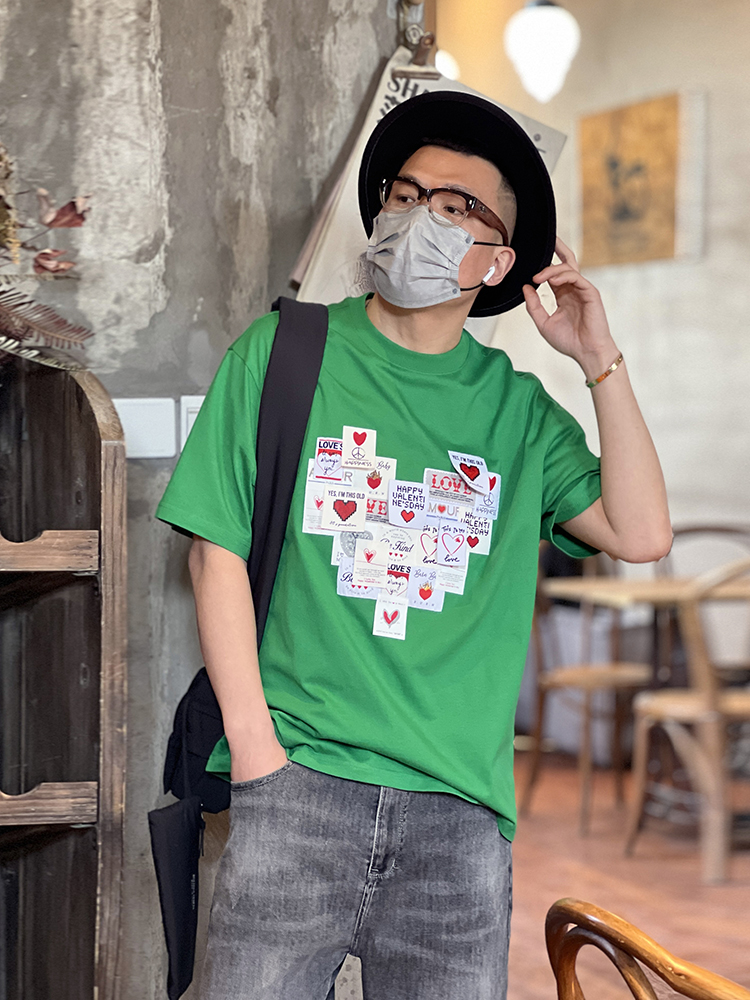 Men's Japanese Style Pure Cotton Round Neck Short Sleeve T-Shirt with Heart Patch - Trendy Loose Fit for Spring/Summer Fashion Men's Japanese Style Pure Cotton Round Neck Short Sleeve T-Shirt with Heart Patch - Trendy Loose Fit for Spring/Summer Fashion