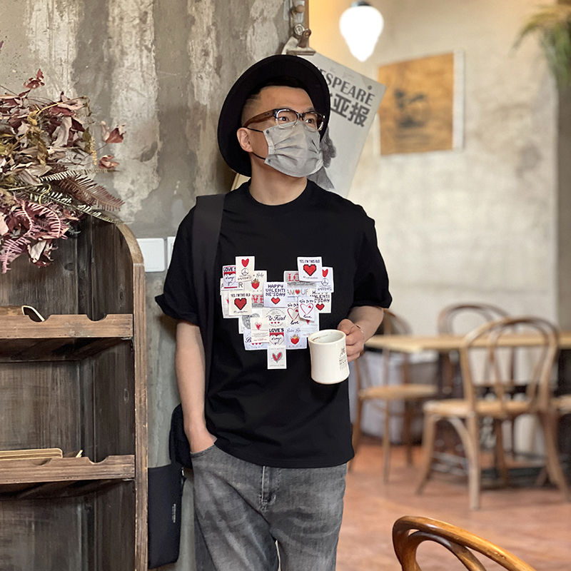 Men's Japanese Style Pure Cotton Round Neck Short Sleeve T-Shirt with Heart Patch - Trendy Loose Fit for Spring/Summer Fashion Men's Japanese Style Pure Cotton Round Neck Short Sleeve T-Shirt with Heart Patch - Trendy Loose Fit for Spring/Summer Fashion