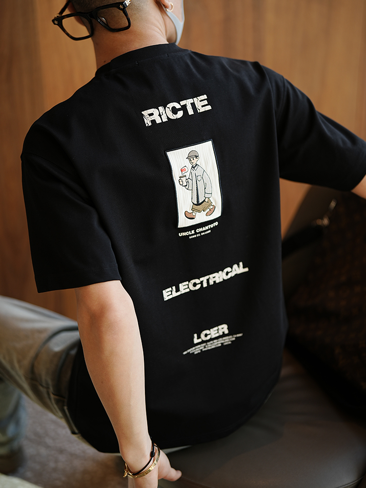 Men's Japanese-style Retro Cartoon Character Embroidery Short Sleeve T-shirt - Trendy Summer Round Neck Base Tee Men's Japanese-style Retro Cartoon Character Embroidery Short Sleeve T-shirt - Trendy Summer Round Neck Base Tee