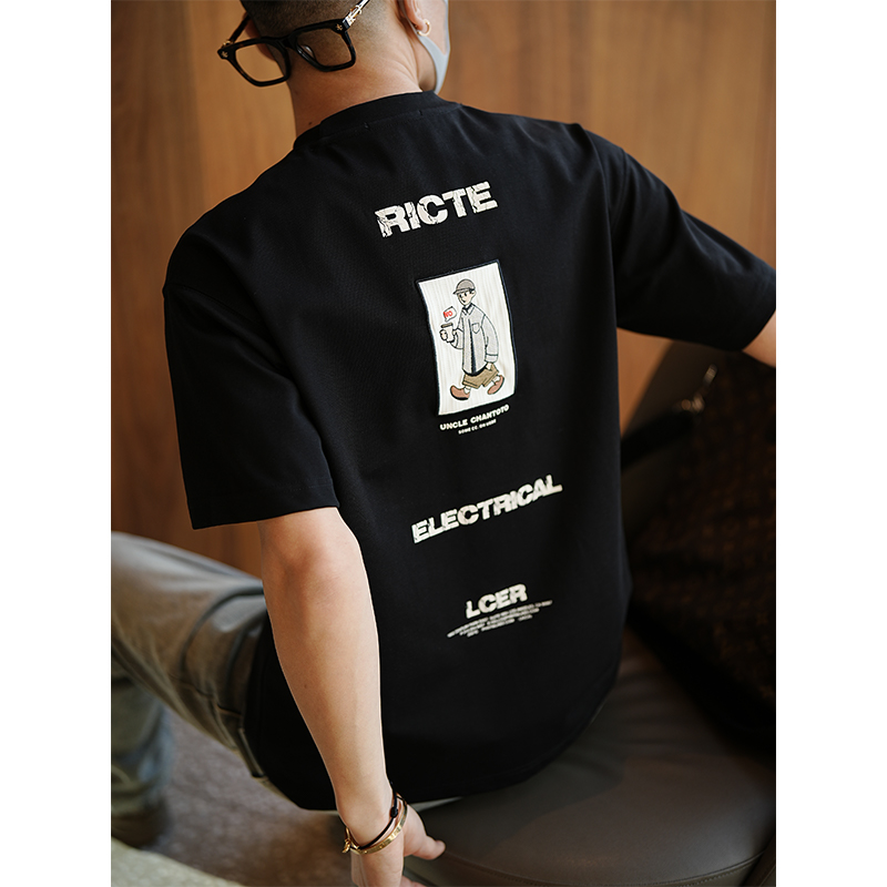 Men's Japanese-style Retro Cartoon Character Embroidery Short Sleeve T-shirt - Trendy Summer Round Neck Base Tee Men's Japanese-style Retro Cartoon Character Embroidery Short Sleeve T-shirt - Trendy Summer Round Neck Base Tee