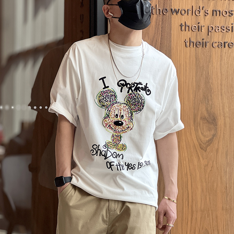 Men's Mickey Heavy Embroidery Short-Sleeve T-Shirt - Trendy Loose Fit Summer Tee with Flocked Design, American High Street Style Men's Mickey Heavy Embroidery Short-Sleeve T-Shirt - Trendy Loose Fit Summer Tee with Flocked Design, American High Street Style