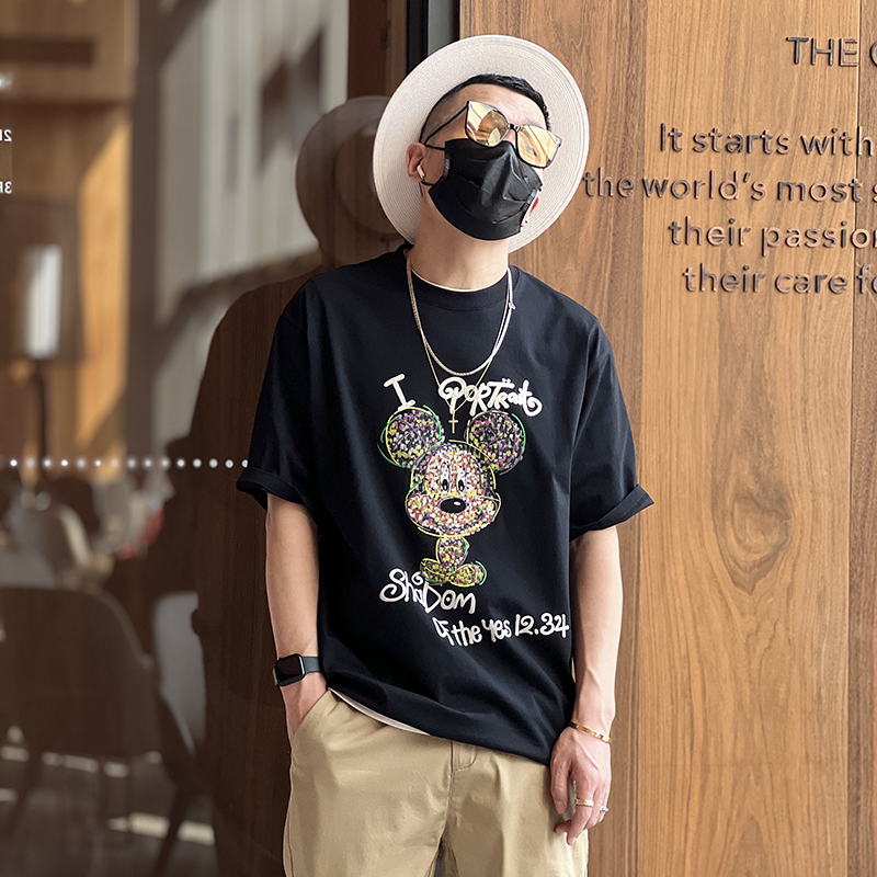 Men's Mickey Heavy Embroidery Short-Sleeve T-Shirt - Trendy Loose Fit Summer Tee with Flocked Design, American High Street Style Men's Mickey Heavy Embroidery Short-Sleeve T-Shirt - Trendy Loose Fit Summer Tee with Flocked Design, American High Street Style