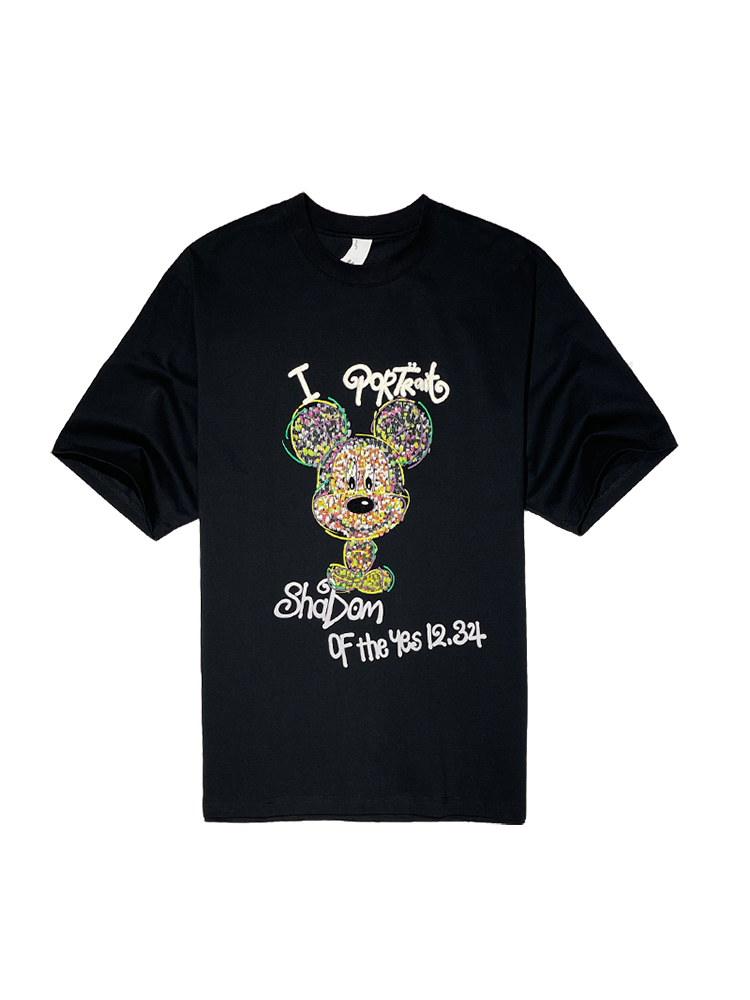 Men's Mickey Heavy Embroidery Short-Sleeve T-Shirt - Trendy Loose Fit Summer Tee with Flocked Design, American High Street Style Men's Mickey Heavy Embroidery Short-Sleeve T-Shirt - Trendy Loose Fit Summer Tee with Flocked Design, American High Street Style