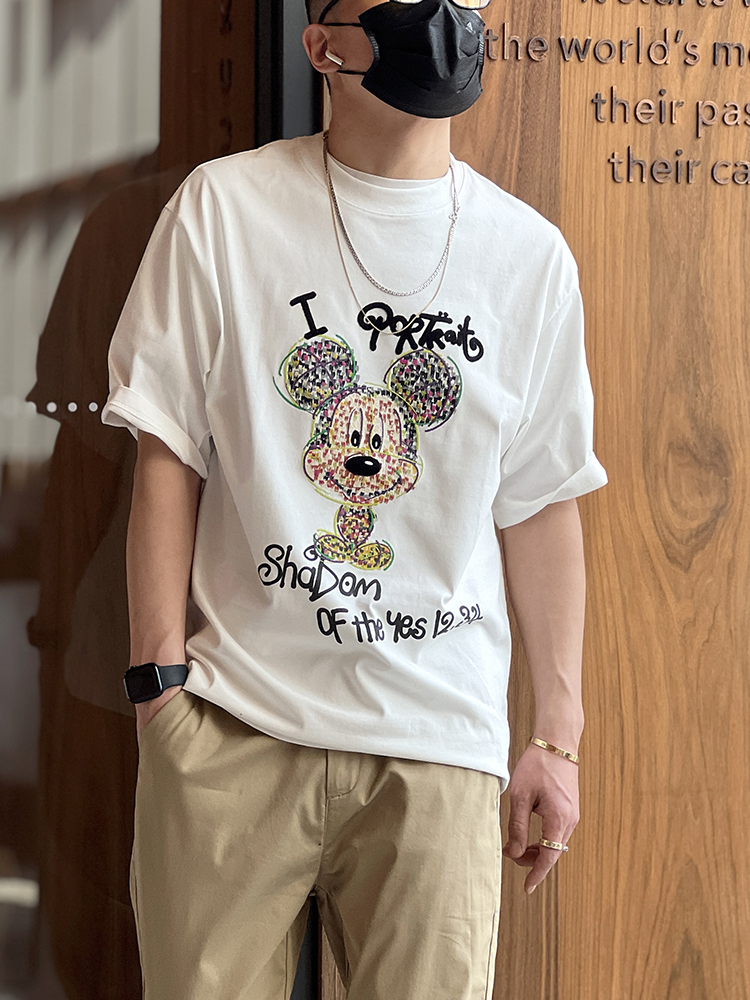 Men's Mickey Heavy Embroidery Short-Sleeve T-Shirt - Trendy Loose Fit Summer Tee with Flocked Design, American High Street Style Men's Mickey Heavy Embroidery Short-Sleeve T-Shirt - Trendy Loose Fit Summer Tee with Flocked Design, American High Street Style