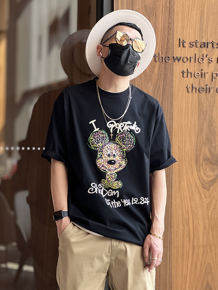 Men's Mickey Heavy Embroidery Short-Sleeve T-Shirt - Trendy Loose Fit Summer Tee with Flocked Design, American High Street Style Men's Mickey Heavy Embroidery Short-Sleeve T-Shirt - Trendy Loose Fit Summer Tee with Flocked Design, American High Street Style