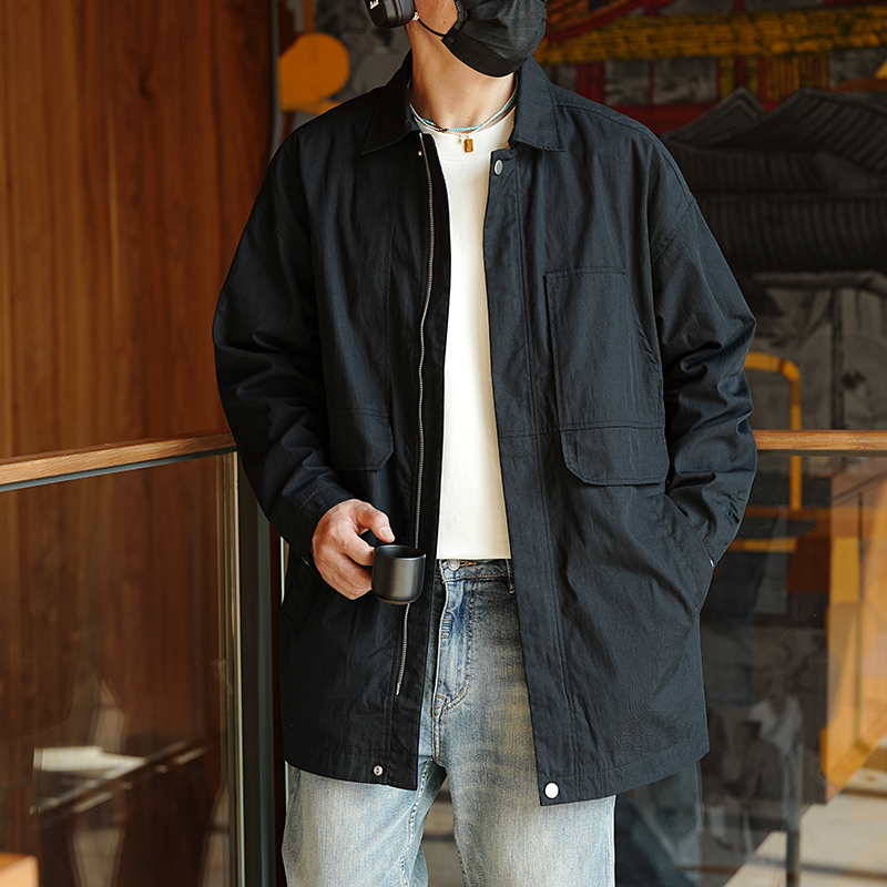 Men's Mid-Length Lapel Trench Coat in American Retro Minimalist Design - Trendy Loose Versatile Autumn Fashion Work Jacket