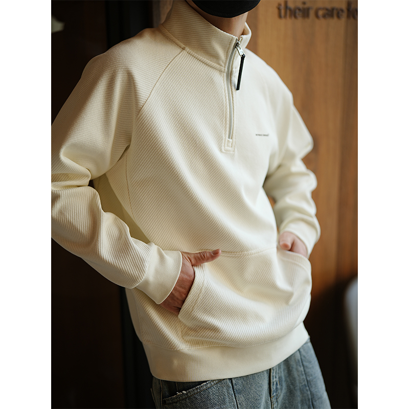 Men's Minimalist Diagonal Stripe Half-Zip Stand Collar Sweatshirt - Spring Fashion High-End Raglan Sleeve Layer, Hong Kong Style Men's Minimalist Diagonal Stripe Half-Zip Stand Collar Sweatshirt - Spring Fashion High-End Raglan Sleeve Layer, Hong Kong Style